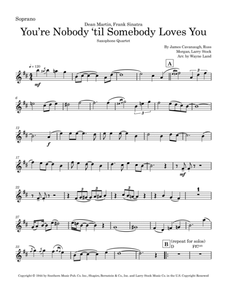 You're Nobody 'til Somebody Loves You by Dean Martin Tenor Saxophone - Digital Sheet Music