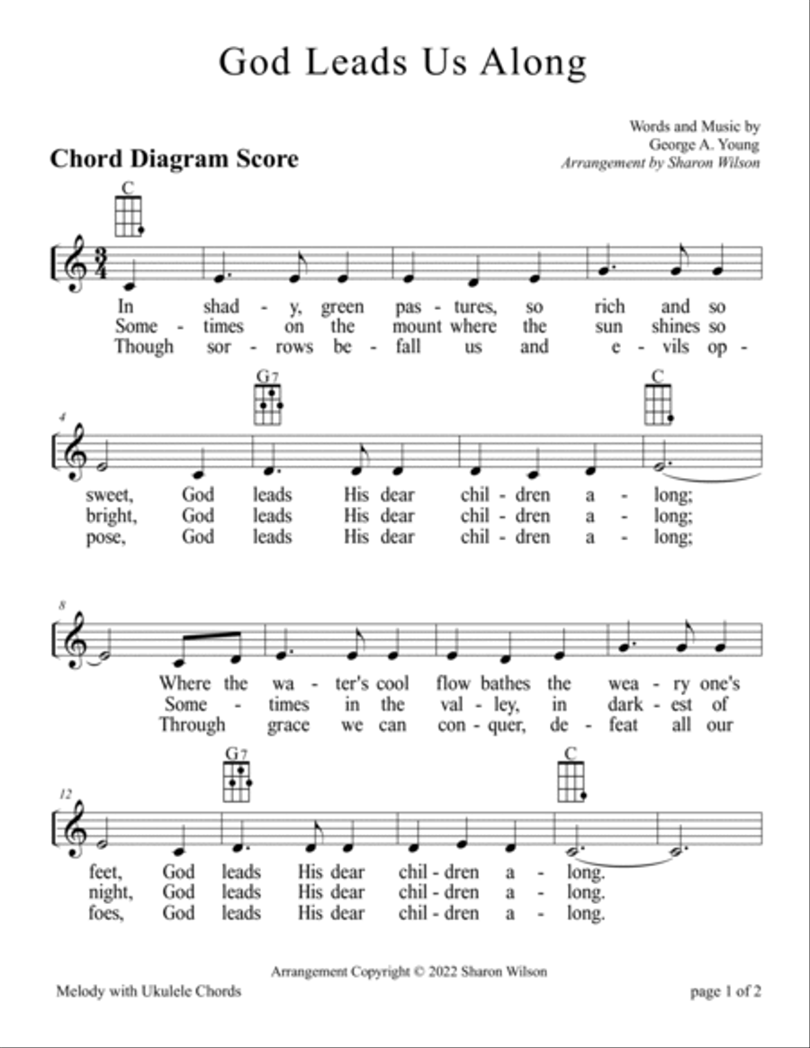 God Leads Us Along for Ukulele (Chords, TAB, Melody, and Lyrics, optional Piano Accompaniment) High Voice scores gallery preview page 5