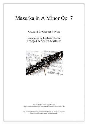 Book cover for Mazurka in A Minor, Op. 7 arranged for Clarinet & Piano