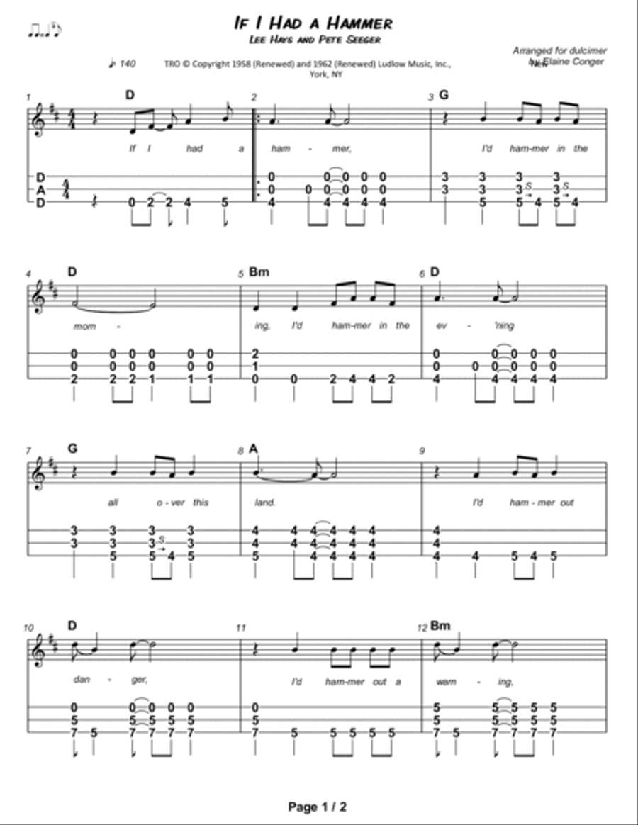 If I Had A Hammer (the Hammer Song) Dulcimer scores gallery preview page 2