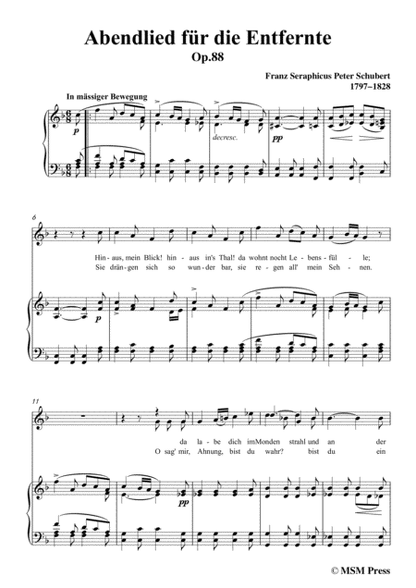 Schubert-Abendlied für die Entfernte,Op.88,in F Major,for Voice&Piano image number null