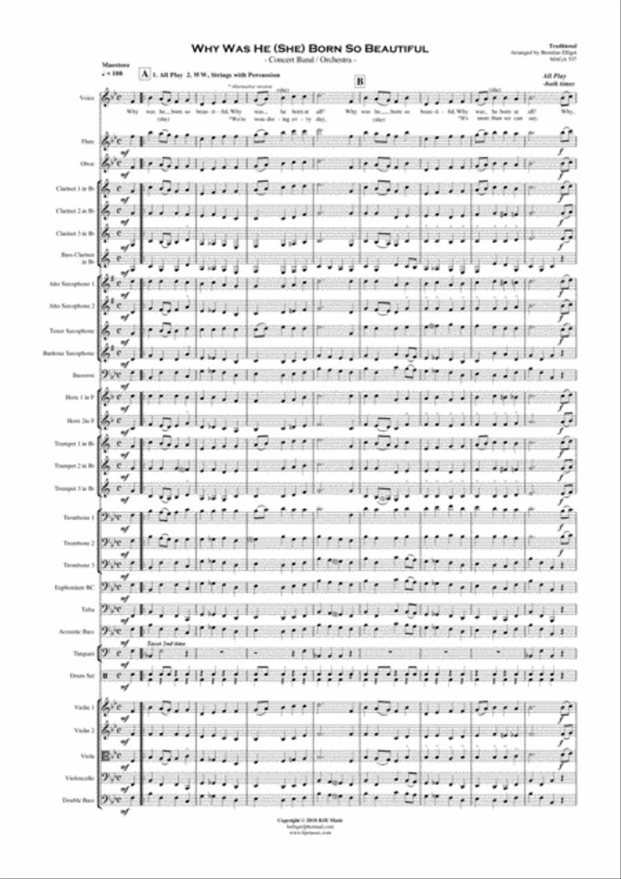 Why Was He (She) Born So Beautiful - Concert Band - Orchestra Score and Parts PDF image number null