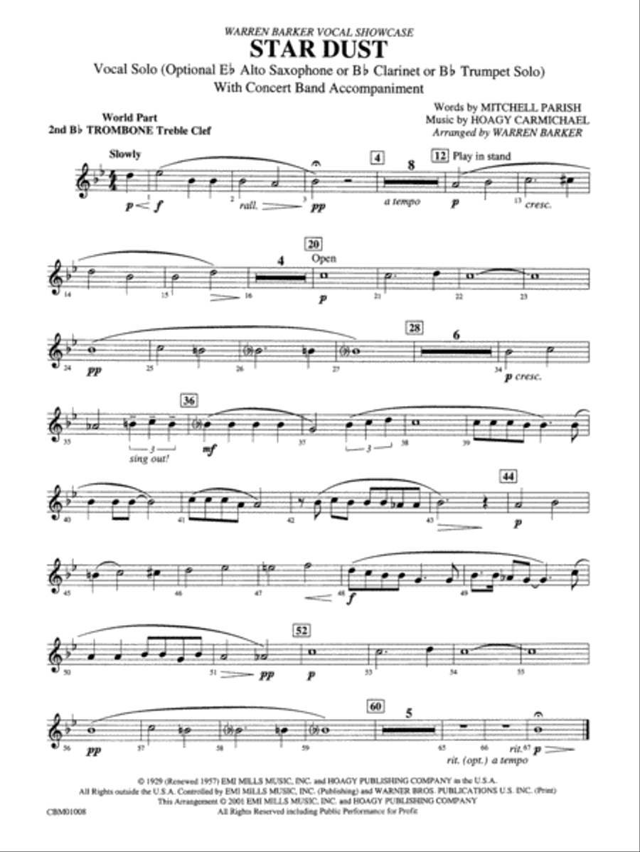 Star Dust: WP 2nd B-flat Trombone T.C. Concert Band scores gallery preview page 1