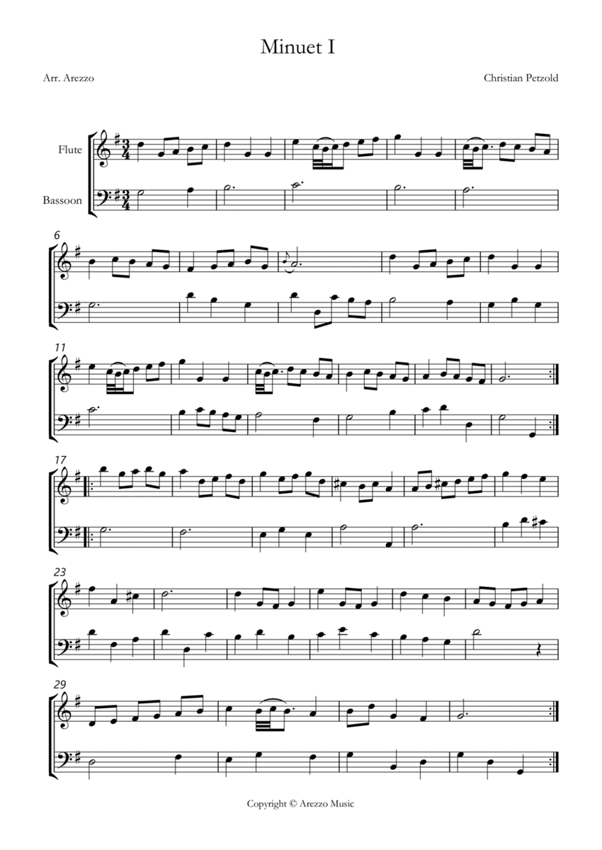 bach bwv anh 114 minuet in g Flute and Bassoon sheet music with ornaments image number null