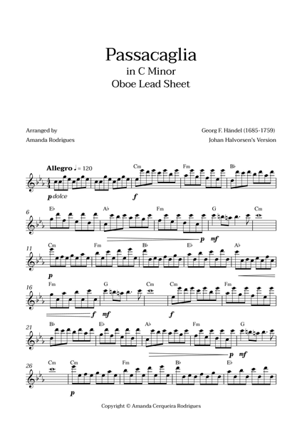 Passacaglia - Easy Oboe Lead Sheet in Cm Minor (Johan Halvorsen's Version) image number null