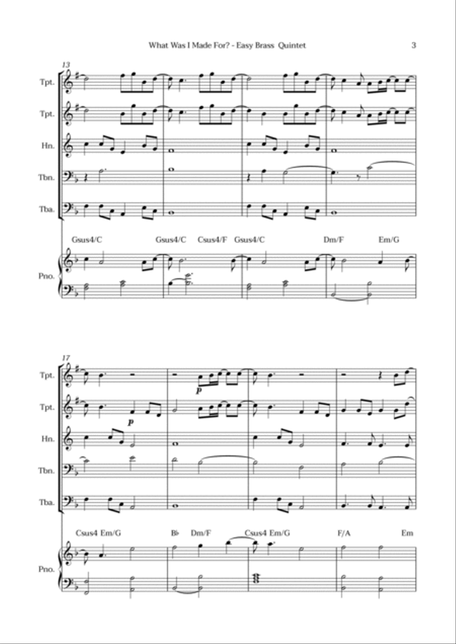 What Was I Made For? Brass Quintet scores gallery preview page 3