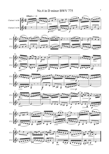 Bach: 3 Two Part Inventions (Nos.1,3 & 4) - clarinet duet (additional opt. bass clt)