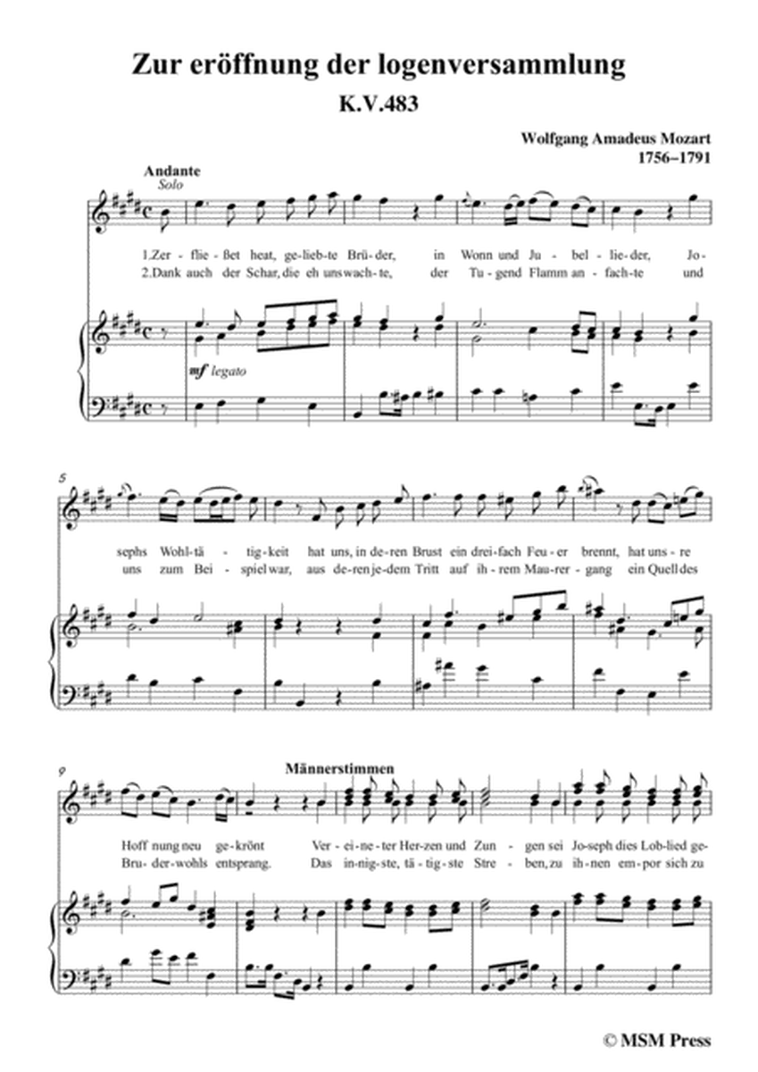 Mozart-Zur eröffnung der logenversammlung,in E Major,for Voice and Piano image number null