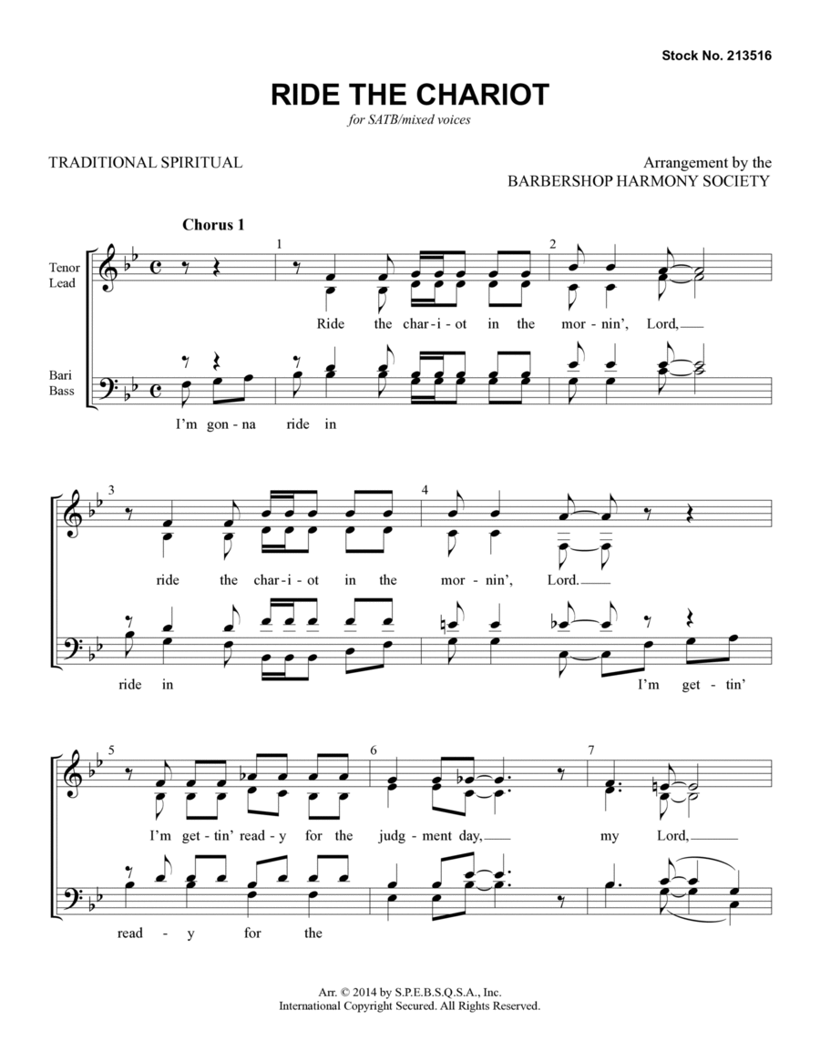 Ride The Chariot (arr. Barbershop Harmony Society) 4-Part scores gallery preview page 1