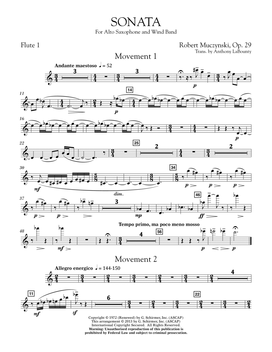 Sonata for Alto Saxophone, Op. 29 - Flute 1 Flute scores gallery preview page 1