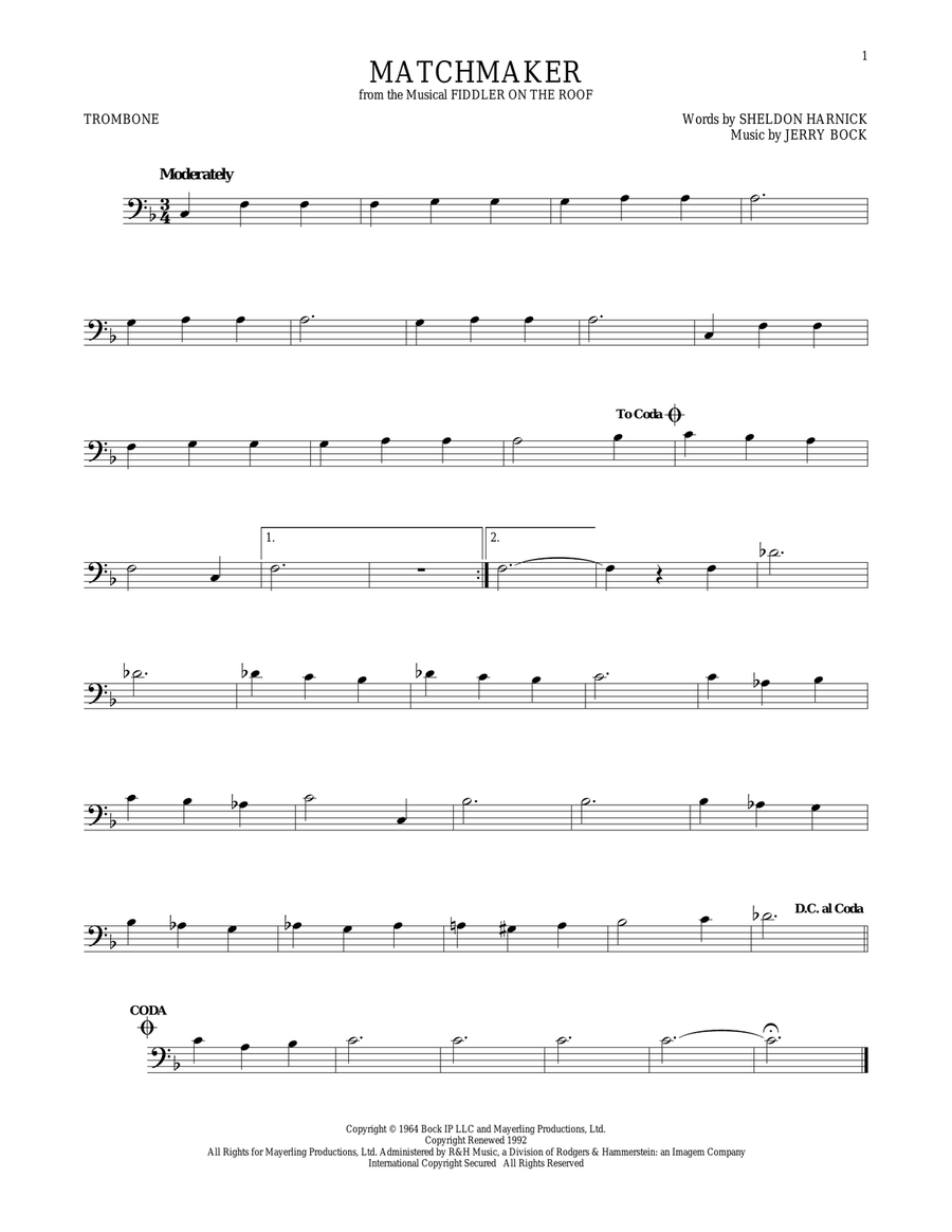 Matchmaker (from Fiddler On The Roof) Trombone Solo scores gallery preview page 1