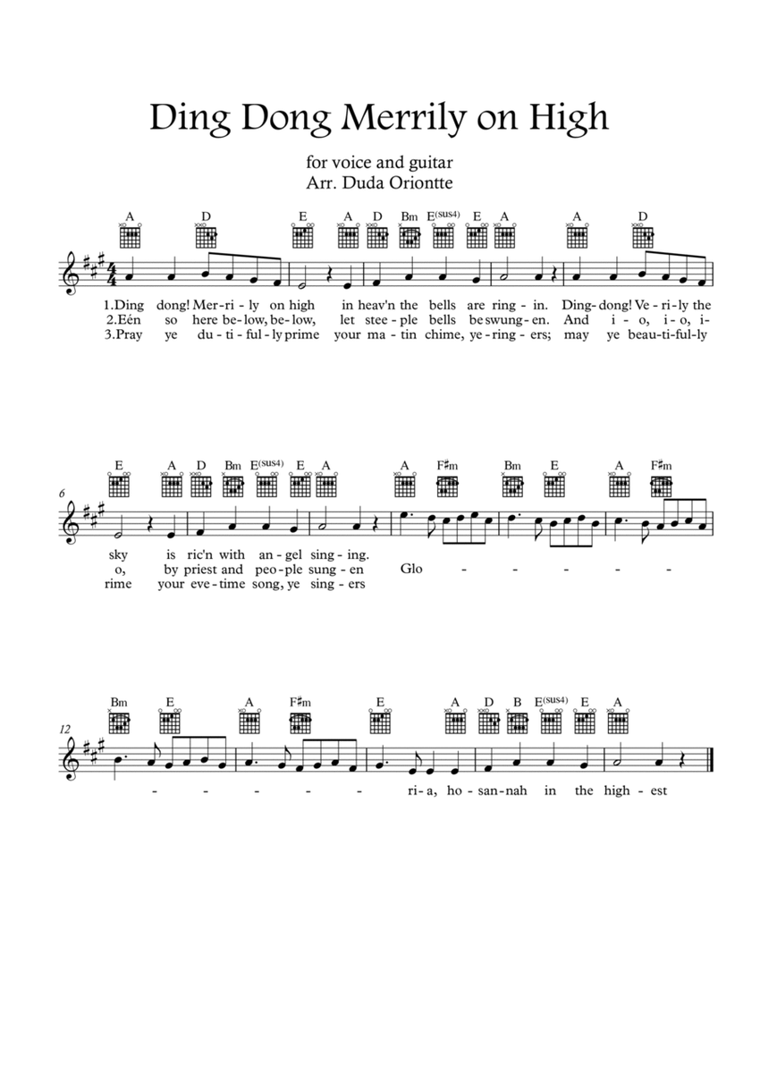 Ding Dong Merrily on High (A major - guitar TABS - with lyrics) image number null