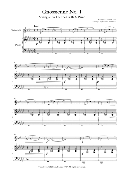 Gnossienne No. 1 arranged for Clarinet and Piano image number null