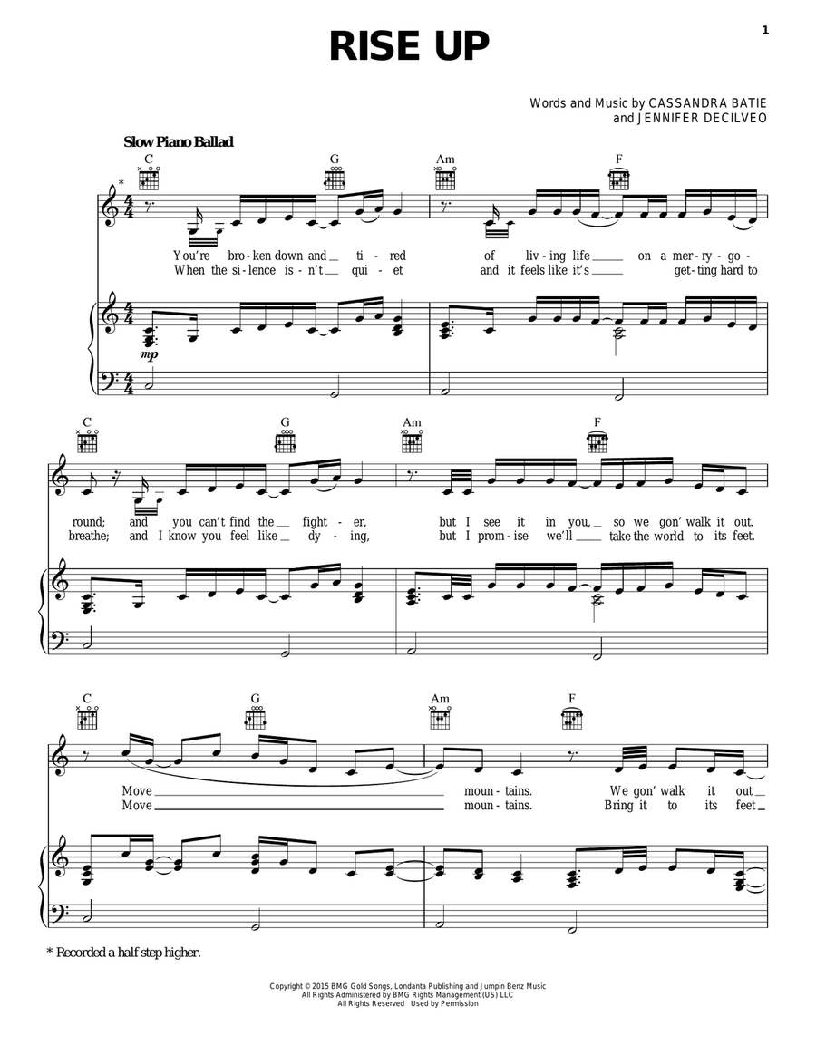 Rise Up Piano, Vocal, Guitar scores gallery preview page 1