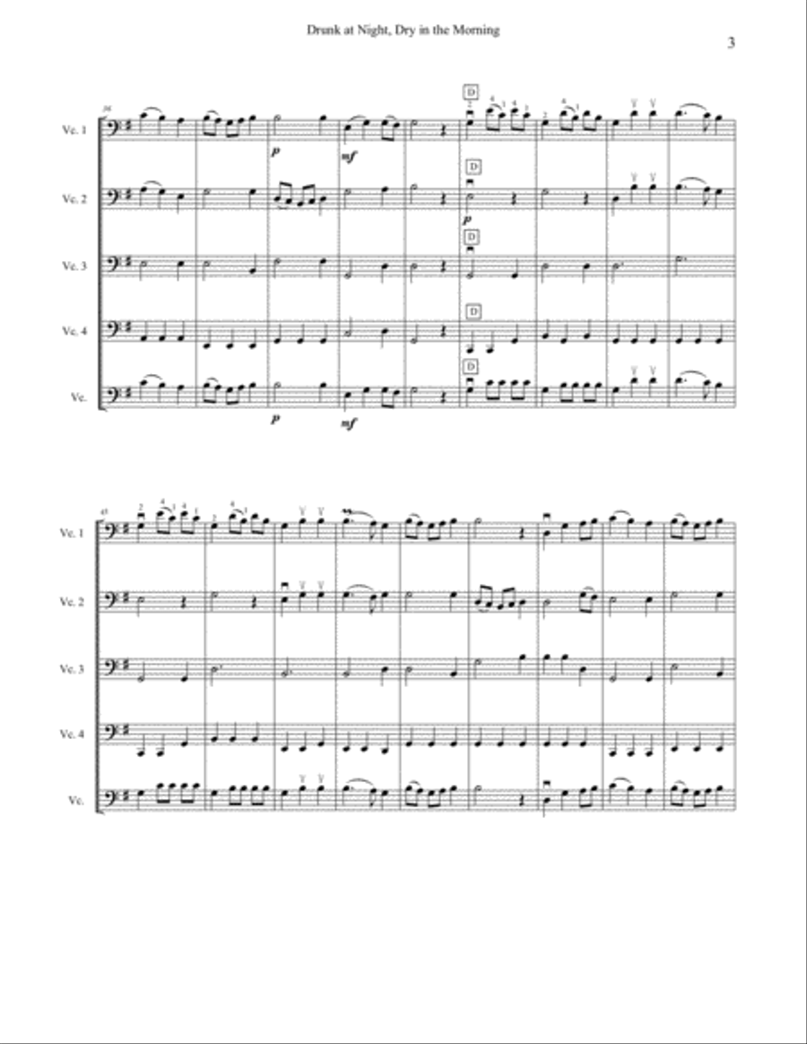 Drunk at Night, Dry in the Morning for beginner cello quartet (four cellos) Cello scores gallery preview page 3