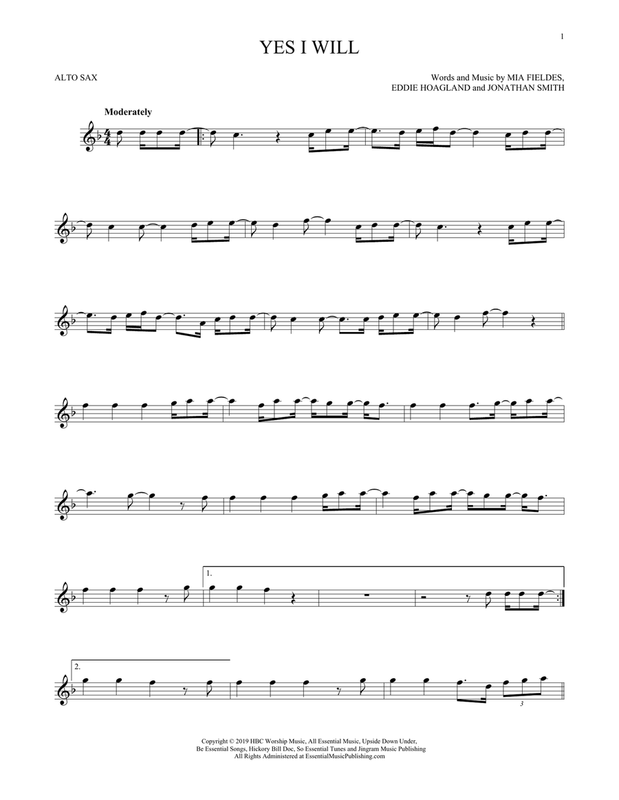 Yes I Will Alto Saxophone scores gallery preview page 1