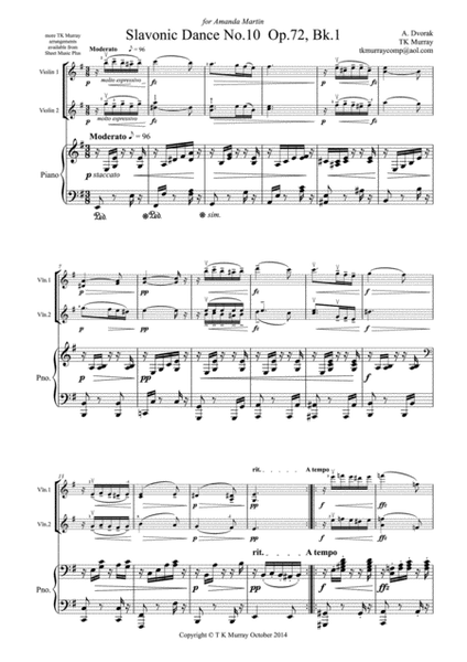 Dvorak - Slavonic Dance No.10 Op.72 - 2 Violins, Violin Duo, Violin Group & Piano