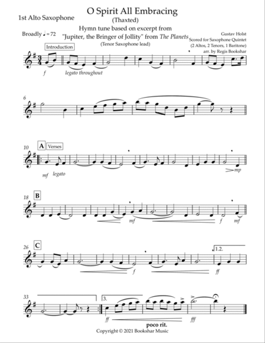 O Spirit All-Embracing (Thaxted) (Bb) (Saxophone Quintet - 2 Alto, 2 Tenor, 1 Bari) (Tenor lead) Saxophone Quintet scores gallery preview page 5