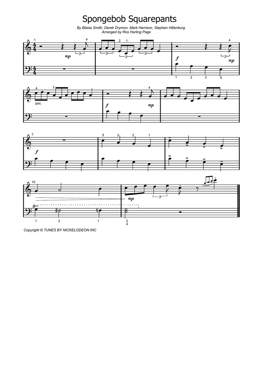Spongebob Squarepants Theme Song Easy Piano scores gallery preview page 1