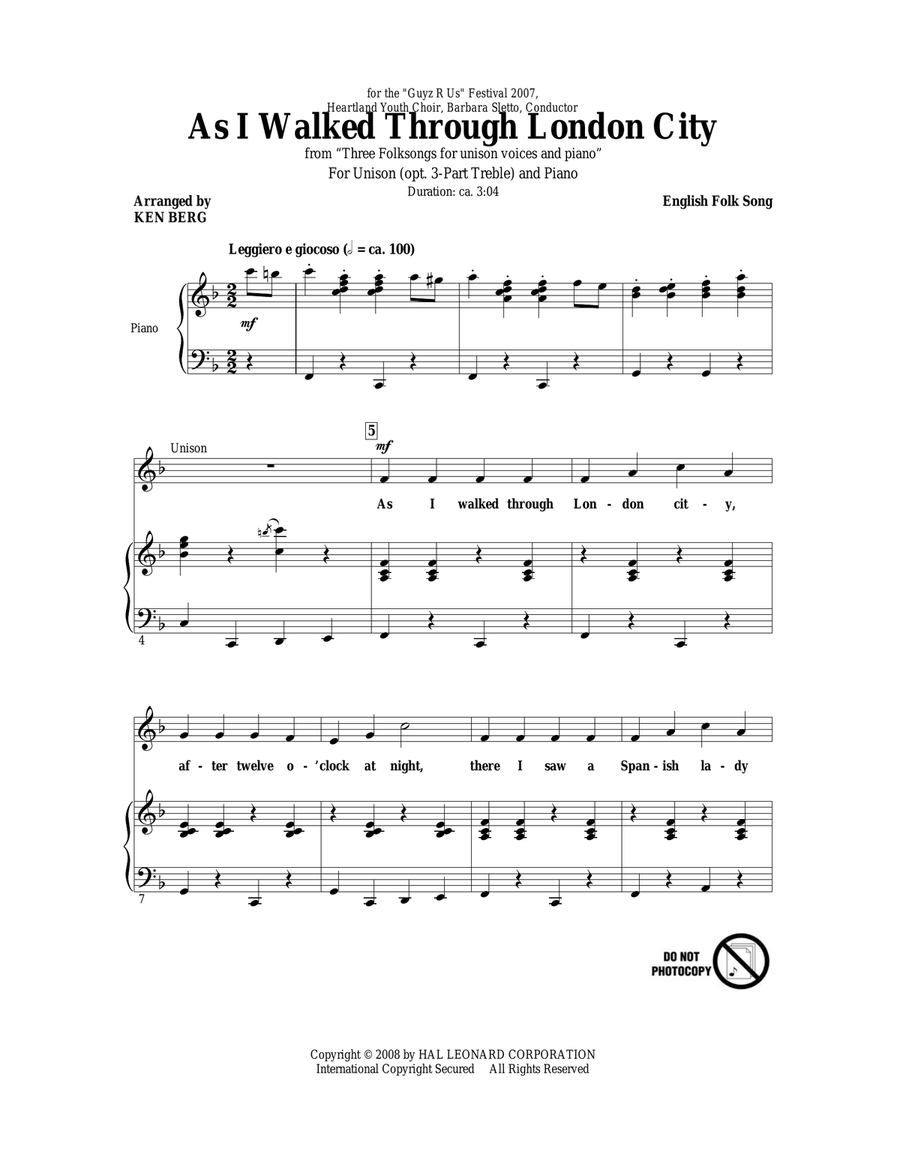 As I Walked Through London City Unison Choir scores gallery preview page 1