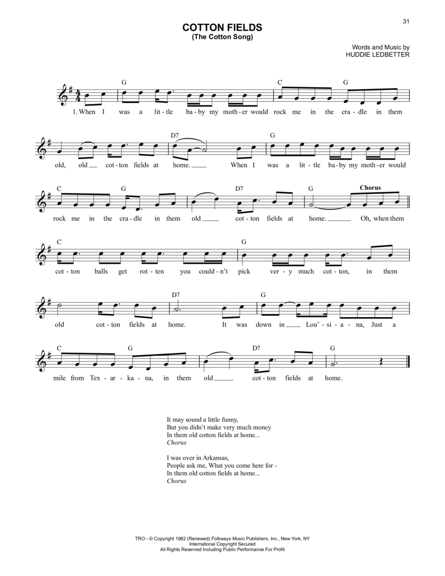 Cotton Fields (The Cotton Song) Piano scores gallery preview page 1