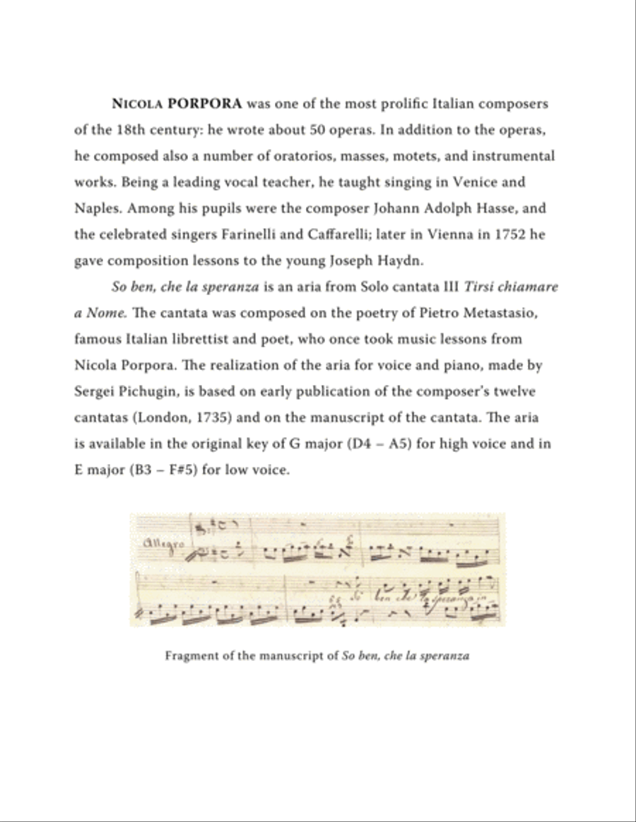PORPORA Nicola: So ben, che la speranza, aria from the cantata, arranged for Voice and Piano (E majo