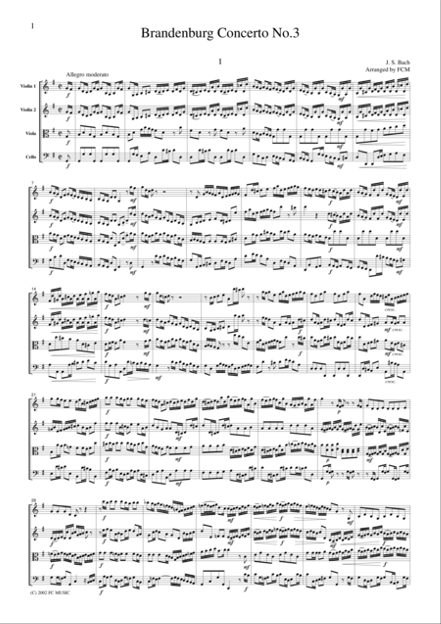 J.S.Bach Brandenburg Concerto No.3, all mvts., BWV1048, for string quartet, CB212 String Quartet scores gallery preview page 1