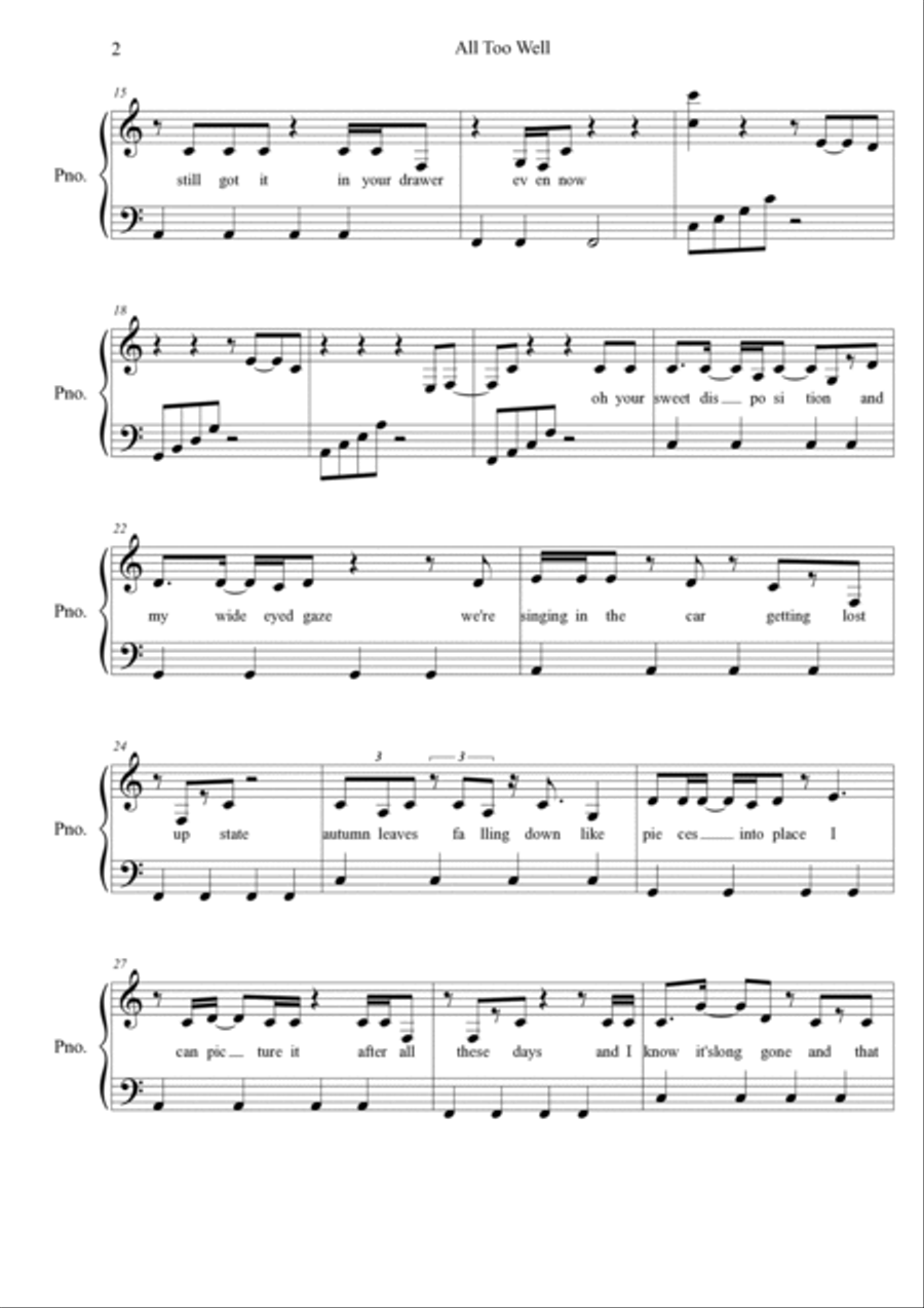 All Too Well Piano Solo scores gallery preview page 2