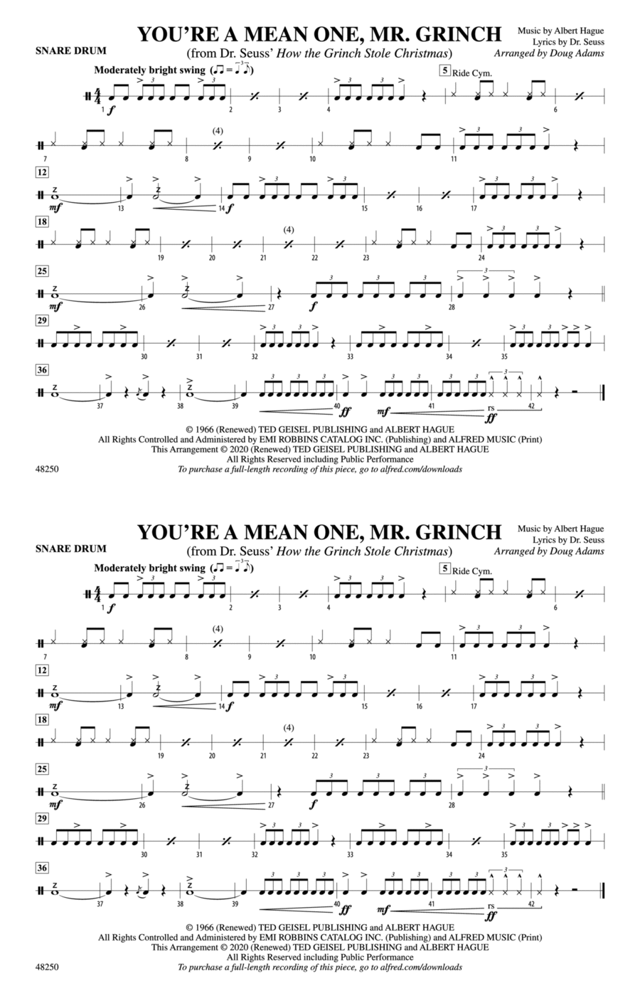 You're a Mean One, Mr. Grinch: Snare Drum Marching Band scores gallery preview page 1