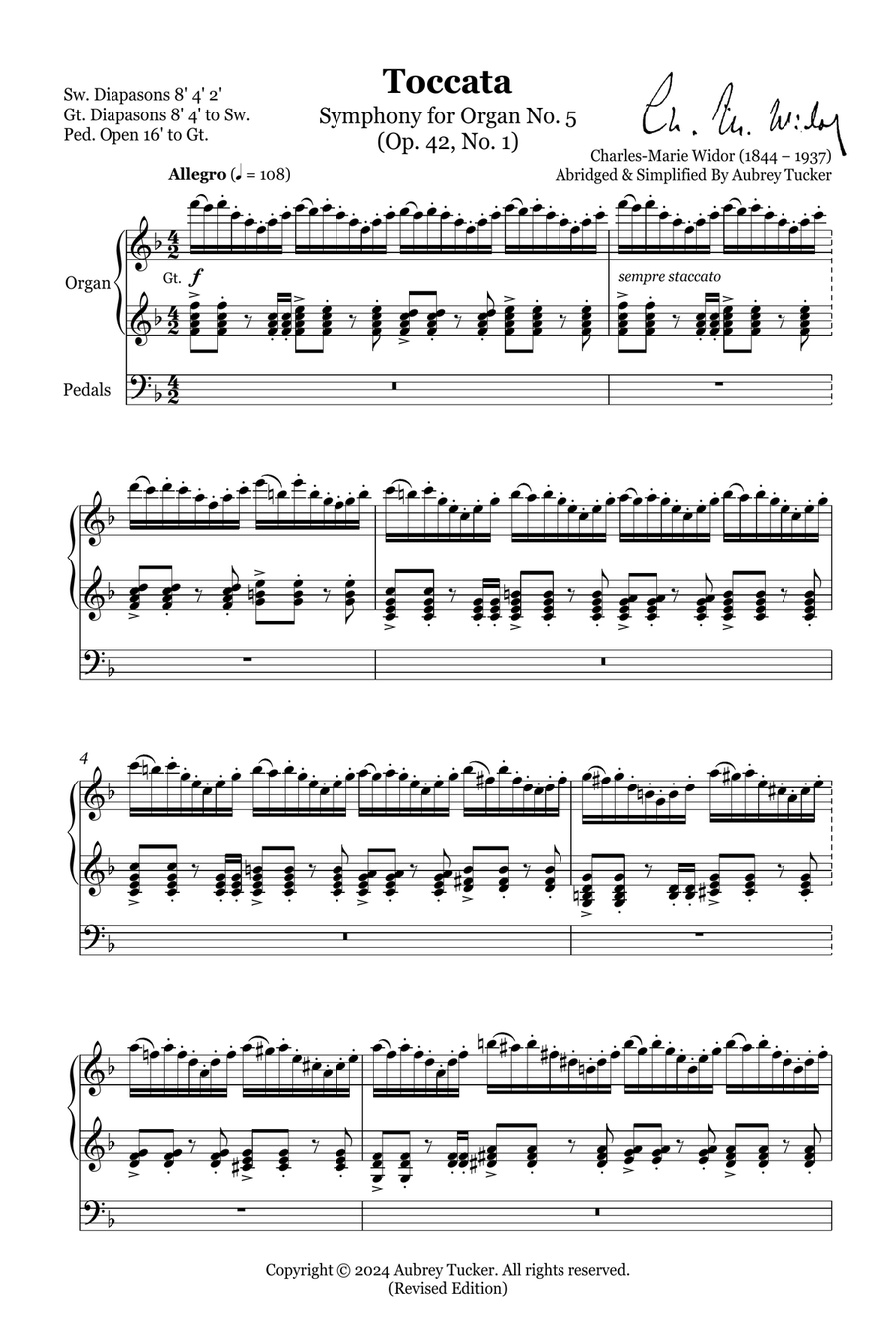 Organ: Toccata (Symphony for Organ No. 5, Op. 42, No. 1) Abridged & Simplified - Charles-Marie Widor Organ Solo scores gallery preview page 2