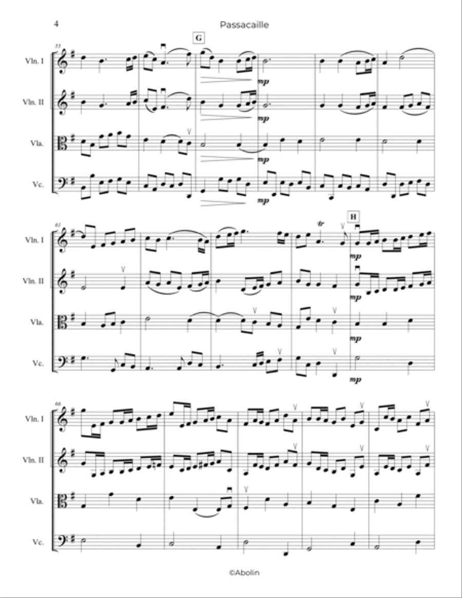 Handel: Passacaille (Passacaglia) from Sonata Op.5, No.4, HWV 399, arr. for String Quartet String Quartet scores gallery preview page 5