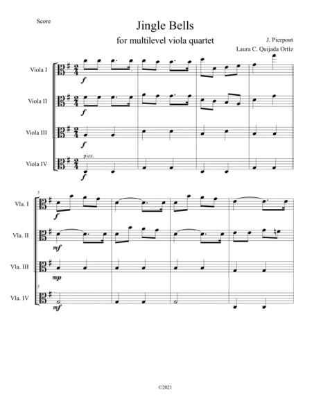Jingle Bells for multilevel viola quartet. SCORE & PARTS. image number null