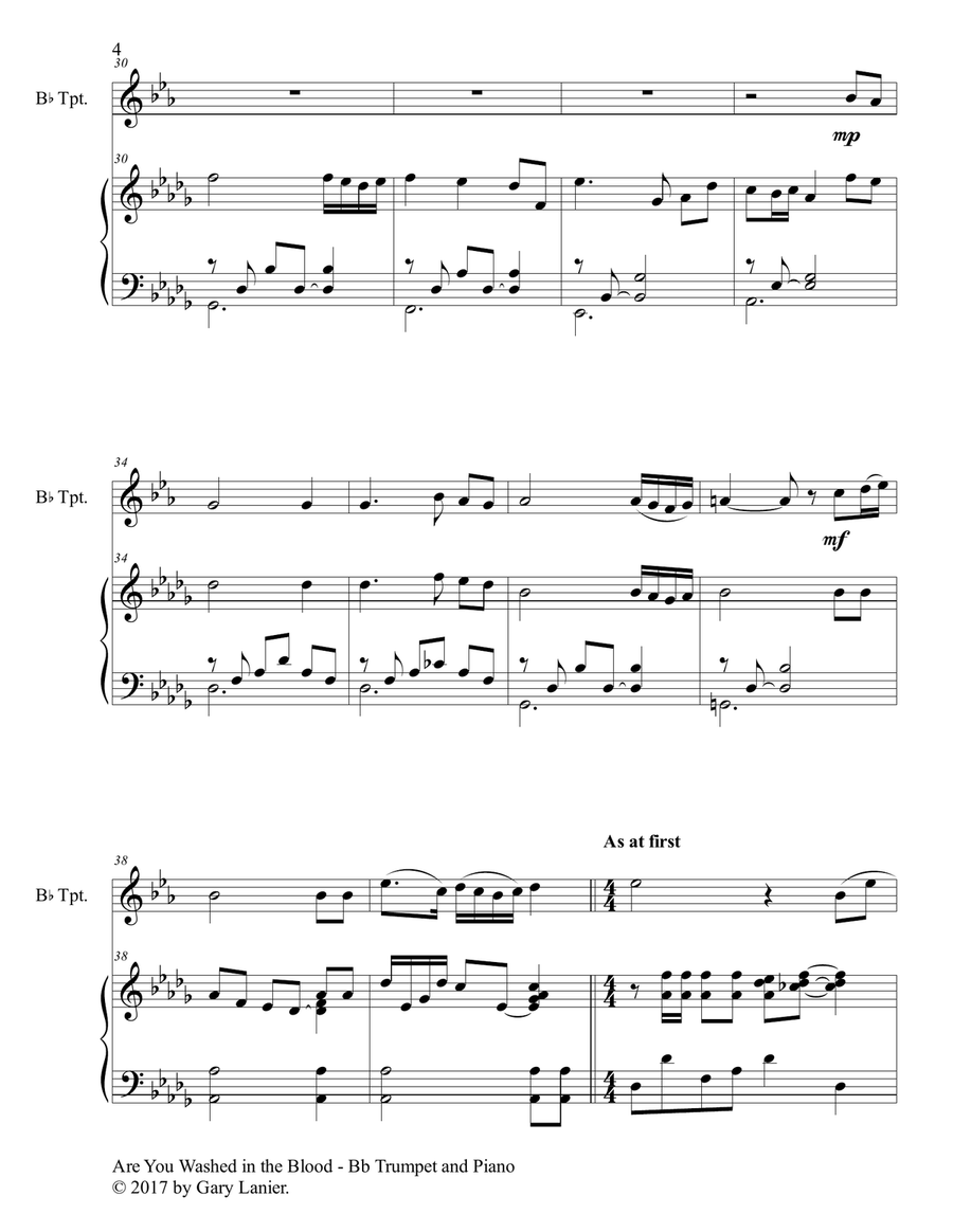 ARE YOU WASHED IN THE BLOOD (Duet - Bb Trumpet & Piano with Score/Part) Trumpet Duet scores gallery preview page 5