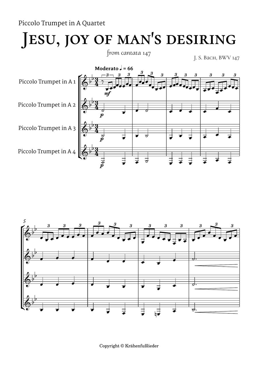 Bach Jesu, joy of man's desiring for Piccolo Trumpet in A Quartet Brass Ensemble scores gallery preview page 2