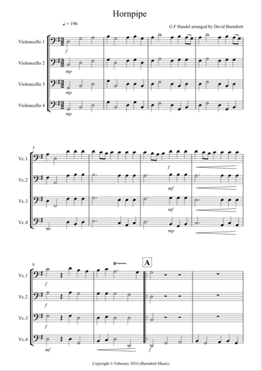 Hornpipe from Handel's Water Music for Cello Quartet Cello Solo scores gallery preview page 1