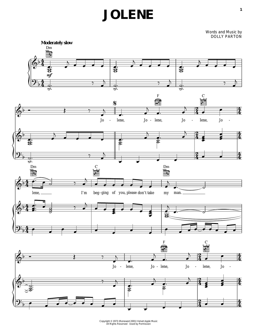 Jolene Piano, Vocal, Guitar scores gallery preview page 1