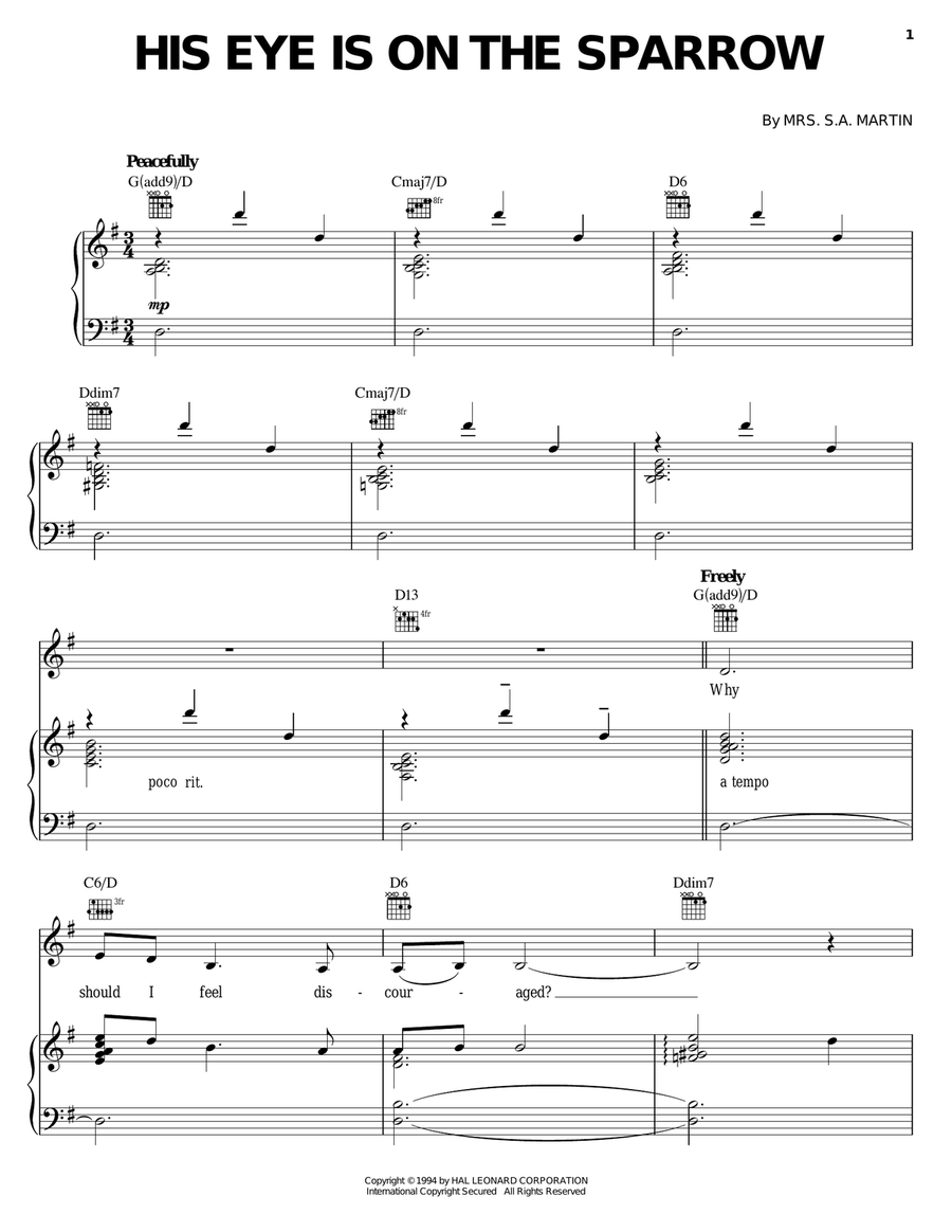His Eye Is On The Sparrow Piano, Vocal, Guitar scores gallery preview page 1