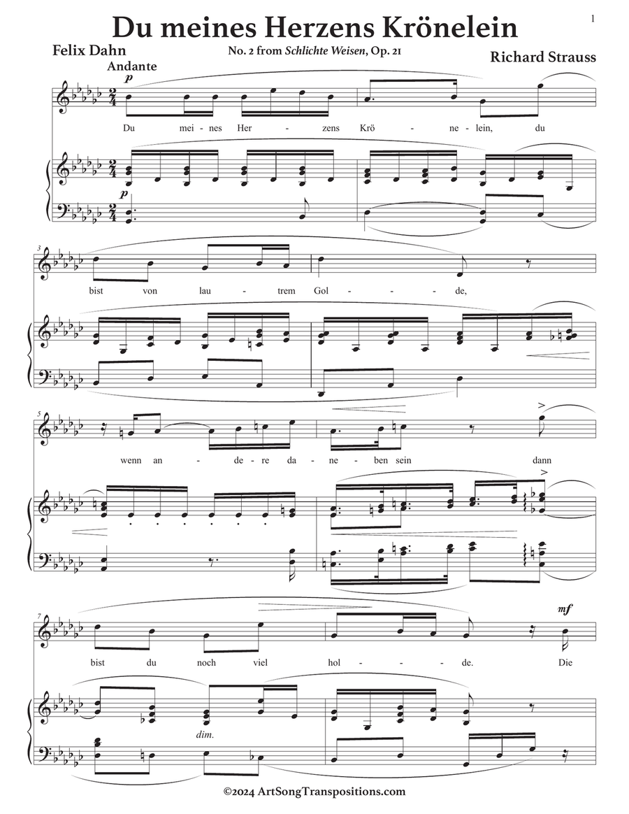 STRAUSS: Du meines Herzens Krönelein, Op. 21 no. 2 (transposed to G-flat major) Voice scores gallery preview page 2