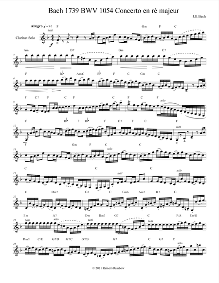 Bach 1739 BWV 1054 For Clarinet Quartet Parts & Score