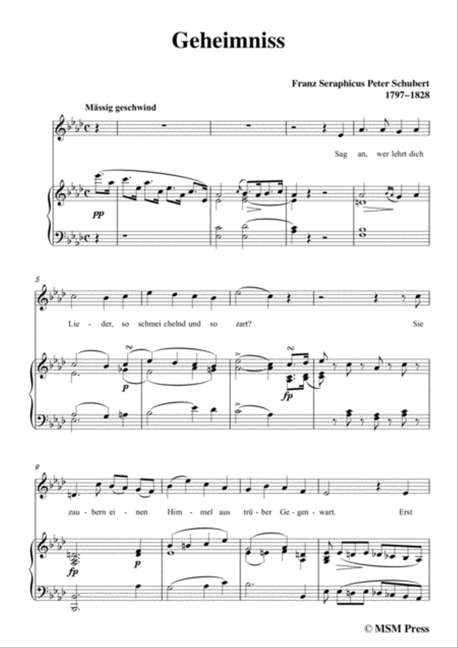 Schubert-Geheimniss(Mayrhofer),in A flat Major,for Voice&Piano Voice scores gallery preview page 3