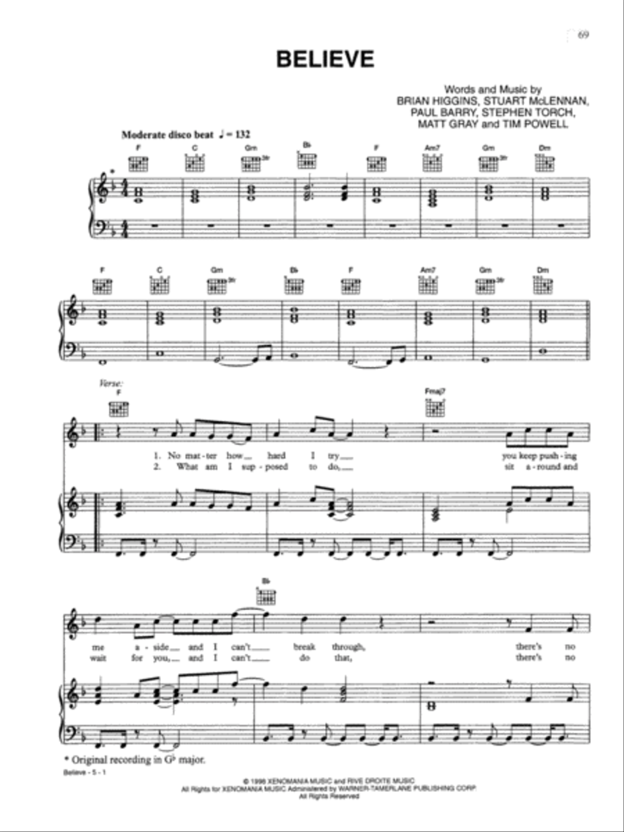 Believe Piano, Vocal, Guitar scores gallery preview page 1