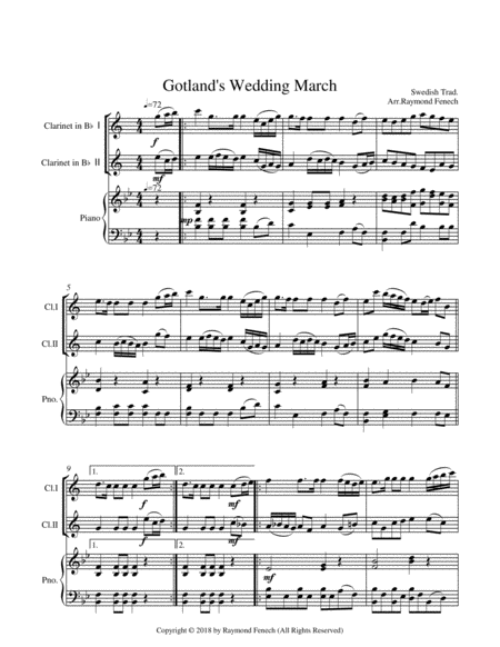 Gotland's Wedding March - Traditional - 2 B Flat Clarinets and Piano image number null