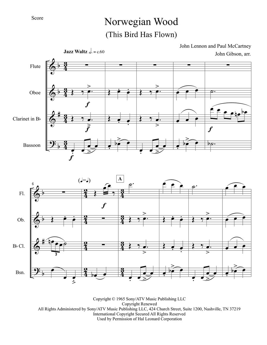 Norwegian Wood (This Bird Has Flown) Woodwind Quartet scores gallery preview page 2