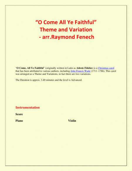 O Come All Ye Faithful (Adeste Fidelis) - Theme and Variation for Violin/ solo Violin and Piano - Ad image number null