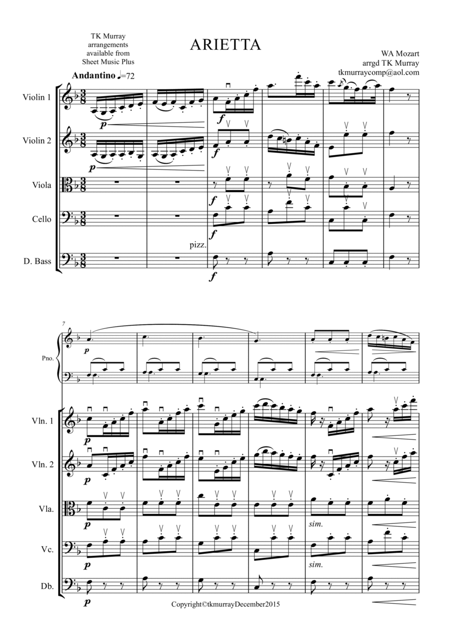 Mozart - Arietta - Pinao & String Quartet/String Orch Piano Quintet scores gallery preview page 1