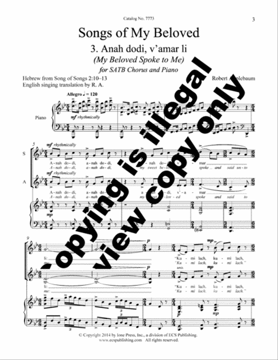 Songs of My Beloved: 3. Anah Dodi, V'amar Li (My Beloved Spoke to Me) 4-Part scores gallery preview page 11