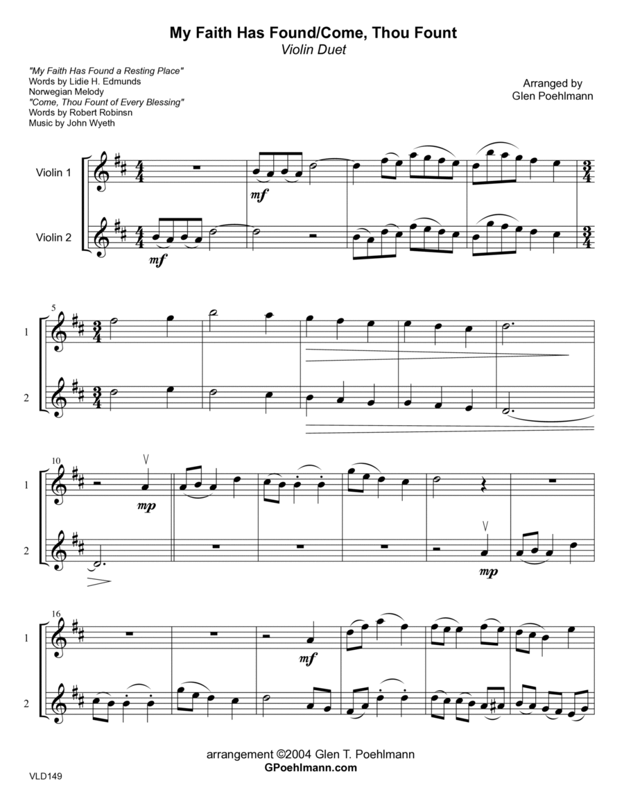 MY FAITH HAS FOUND A RESTING PLACE/COME, THOU FOUNT OF EVERY BLESSING - unaccompanied VIOLIN DUET String Duet scores gallery preview page 1