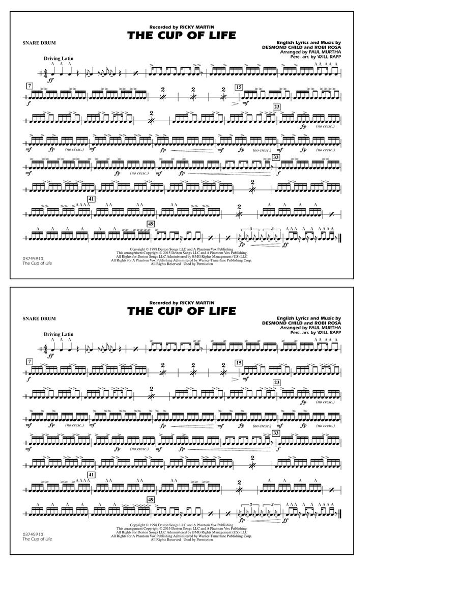 The Cup of Life - Snare Drum Marching Band scores gallery preview page 1
