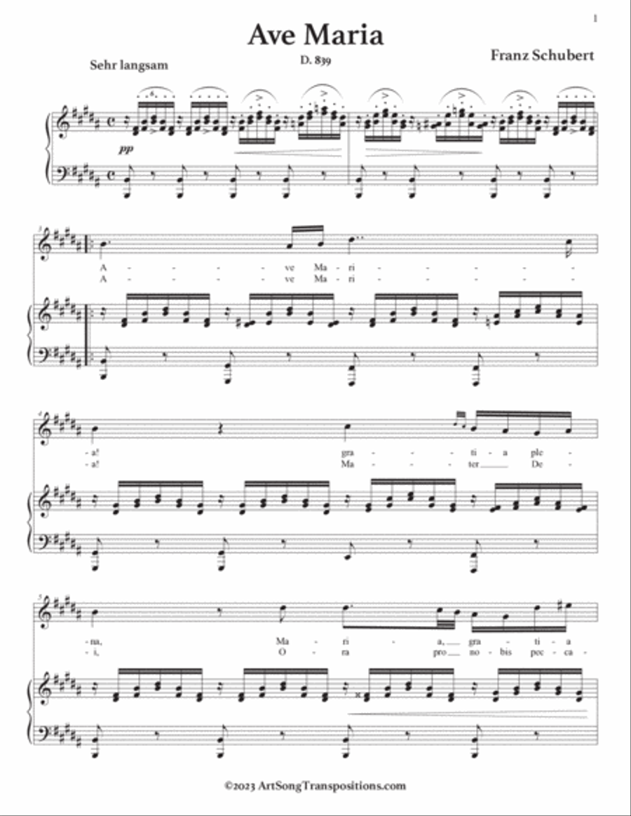 SCHUBERT: Ave Maria, D. 839 (transposed to B major and B-flat major) Voice scores gallery preview page 2