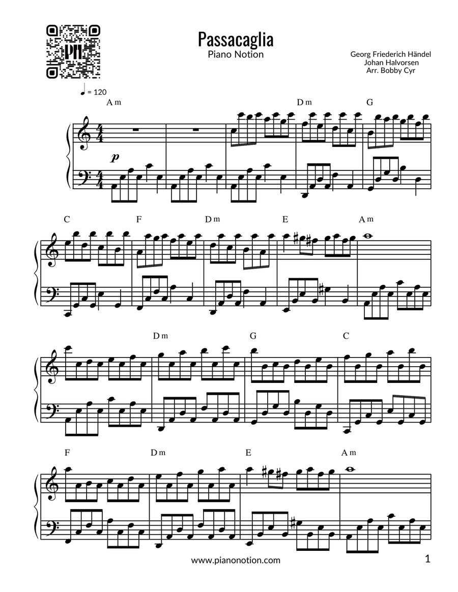 Passacaglia - Händel - Halvorsen (Piano Solo) Easy Piano scores gallery preview page 1